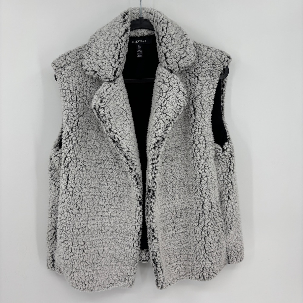 Ellen Tracy Sherpa Vest Womens Large Grey Faux Shearling Notched Lapel Fleece